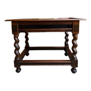 Antique English Sofa Side Table Barley Twist Ebonized Library Desk Carved Oak