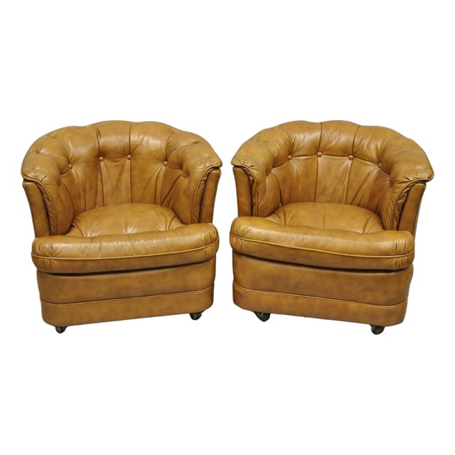 Vintage Classic Leather Chesterfield Brown Tufted Leather Barrel Club Chair Pair For Sale