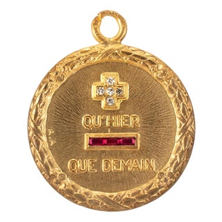 Vintage Cartier French Augis Love Medal 18k Gold Diamond Ruby Charm Pendant For Sale