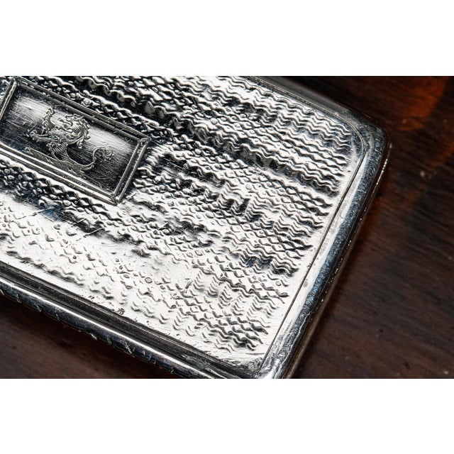 Neat English Antique Sterling Silver Table Snuff Box Lion Armorial Coat of Arms Crest Tobacciana For Sale - Image 4 of 14