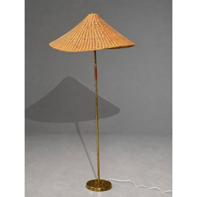 Mid-Century Modern V. Soini Oy, Rare Floor Lamp, Brass, Leather, Rattan, Finland, 1950s For Sale - Image 3 of 13