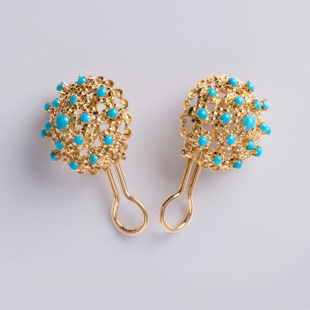 Contemporary 1950s Vintage Italian Turquoise Dome French Lever Back 18k Yellow Gold Earrings- 2 Pieces For Sale - Image 3 of 7