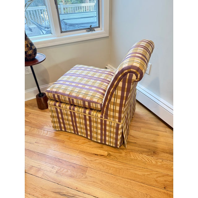 Gold Pair of Baker Furniture Slipper Chairs in Plaid Upholstery For Sale - Image 8 of 16