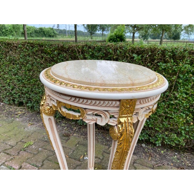 1970s French Louis XVI Antique/White Cream Gold Marble Side Tables- Pair For Sale - Image 6 of 14
