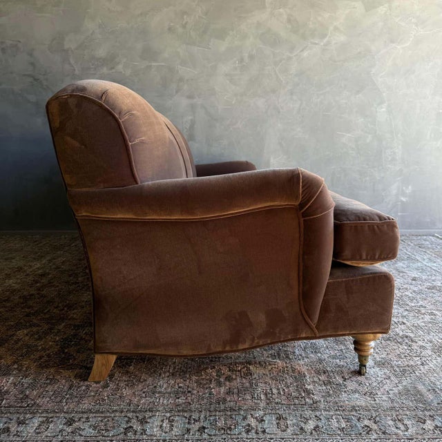 Modern English Sofa in Chestnut Brown in Faux Velvet Mohair With Down Cushion For Sale In Los Angeles - Image 6 of 11