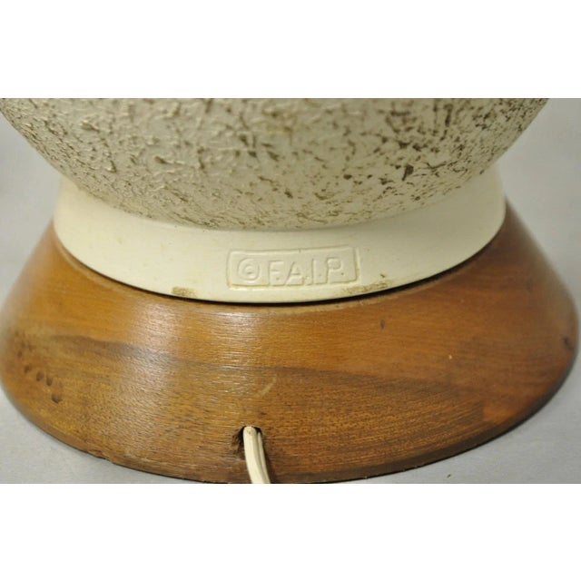 Vintage Mid Century Modern Sculpted White Ceramic & Teak Wood Table Lamps - Pair For Sale - Image 10 of 12