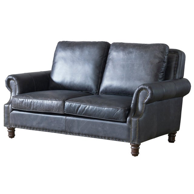 Animal Skin English Rolled Arm Love Seat - Slate Leather For Sale - Image 7 of 9