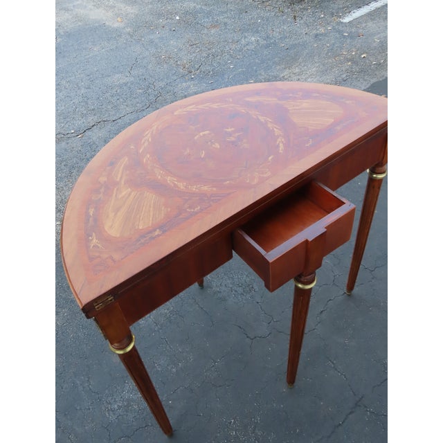 1960s French Demilune Inlay Leather Top Console Flip Top Card Table 6916 For Sale - Image 5 of 18