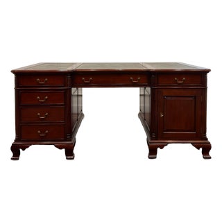English Partner Desk with Green Leather For Sale