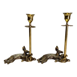 Laying Deer Brass Candleholders - a Pair For Sale