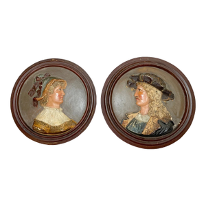 Pair of Antique 19th Century Handmade Painted Pottery Relief Wall Plaques Art