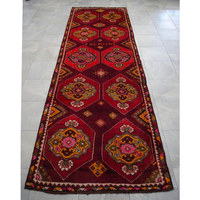 Vintage Hand-Knotted Turkish Area Rug Wide Hallway Rug Gallerie Runner Rug- 3′11″ X 12′6″ For Sale - Image 10 of 16