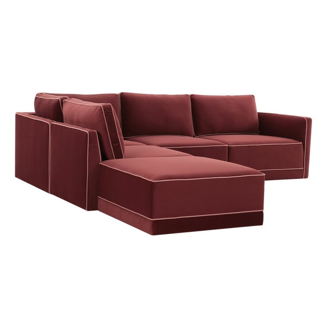Willow Berry Red with Mauve Piping Modular 5-Piece Performance Velvet LAF Sectional For Sale