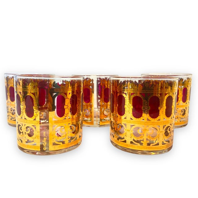 Glass Morphew Abode 1960s Culver Burgundy Art Deco & 22k Gold Lowball Cocktail Glasses- Set of 5 For Sale - Image 7 of 11