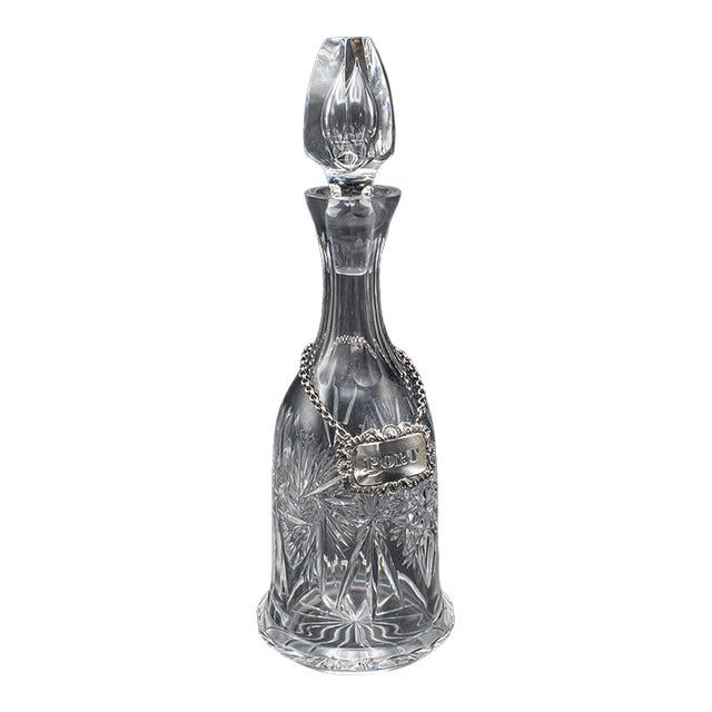 Vintage Port Decanter, English, Glass, Silver Label, Spirit Bottle, Mid Century For Sale