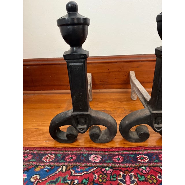 Virginia Metalcrafters Vintage Black Wrought Iron Andirons With Urn Finials, a Pair For Sale - Image 4 of 8