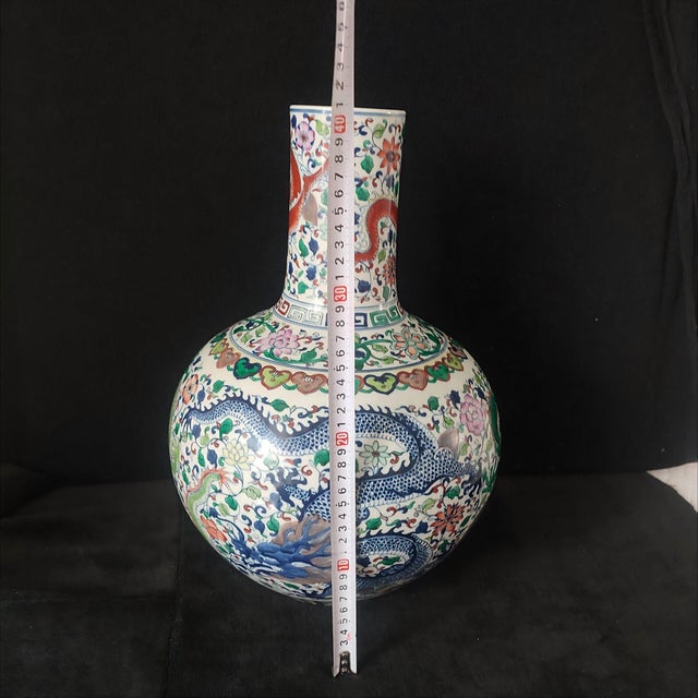 Chinese Ceramic Vase,Qianlong Marked Blue and White Porcelain Tianqiu Vase Hand Painted Dragon Pattern For Sale - Image 10 of 13