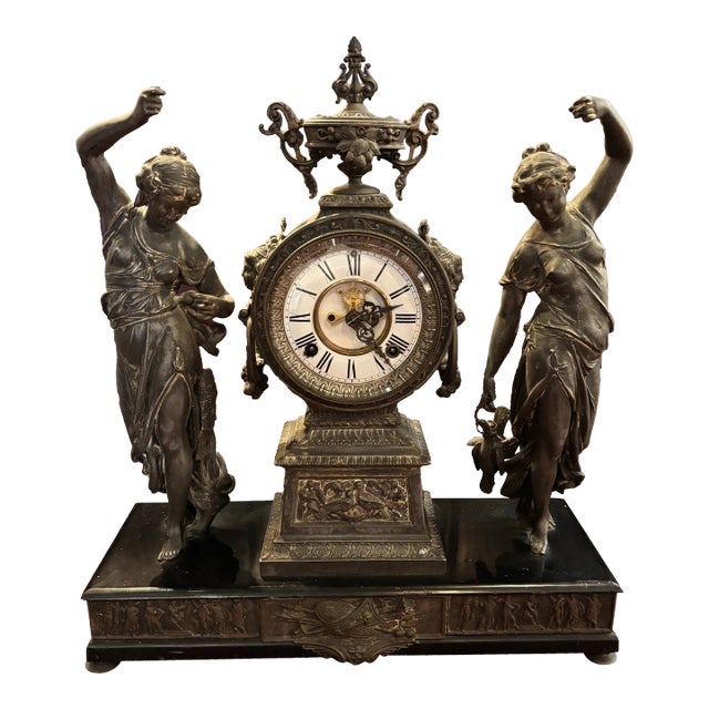 Antique Ansonia Huntress & Fisher Figural Mantel Clock – New York, 1882 [Mr] For Sale