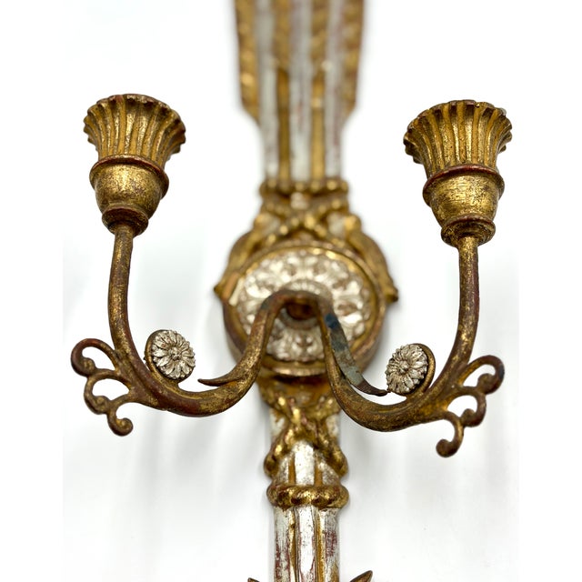Gold Antique Italian Silver & Gold Giltwood Arrow Candle Sconces - A Pair For Sale - Image 8 of 12