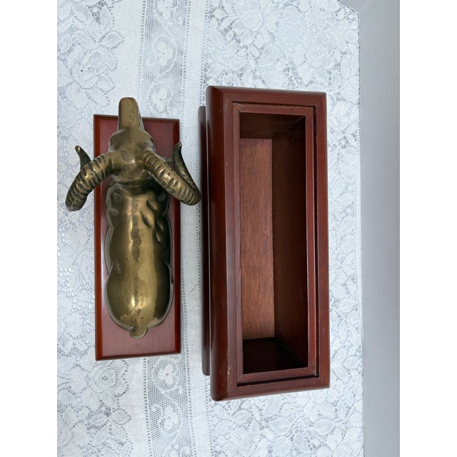 Wood Vintage Hollywood Regency Brass Ram Wood Decor Box For Sale - Image 7 of 8