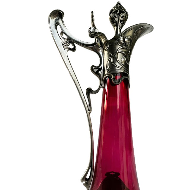 1900s WMF Jugendstil Ruby Glass and Pewter Decanter For Sale - Image 4 of 12