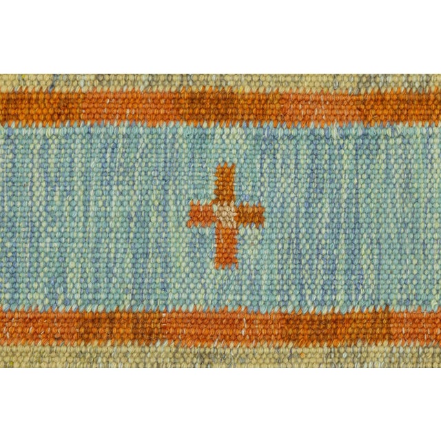 Contemporary Swedish-Style Geometric Flatweave Wool Rug in Rust and Sky Blue For Sale - Image 3 of 10