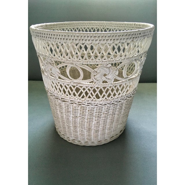 Wood Vintage White Wickerwork Wastepaper Basket For Sale - Image 7 of 13