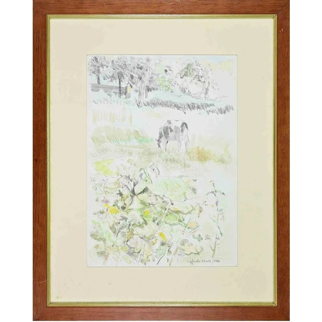 Sigfrido Oliva, In the Countryside, Mixed Media Drawing, 1990 For Sale