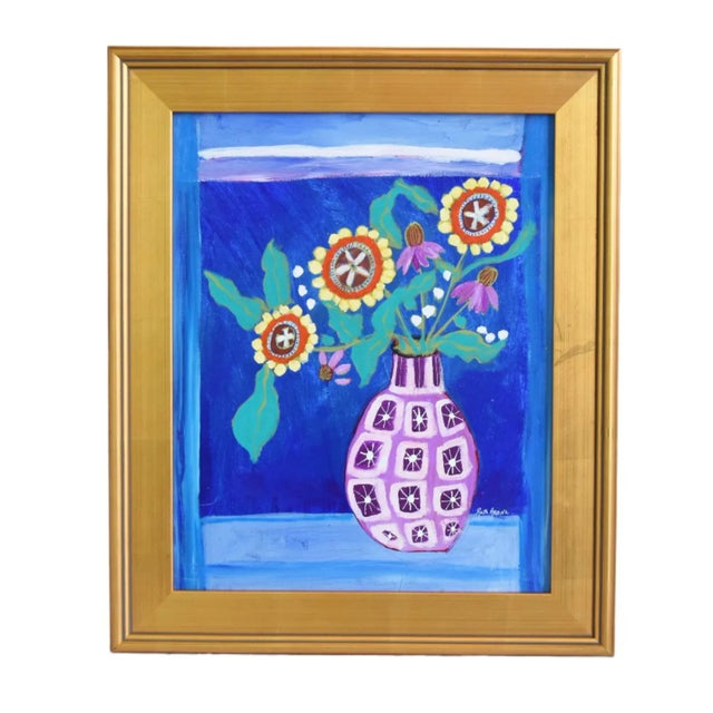 Shabby Chic Colorful Bouquet Flowers in Vase Painting Including the Antiqued Gold Wood Frame For Sale - Image 3 of 7