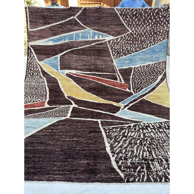Burgundy Modern Abstract Handmade Wool Rug in Burgundy and Blue For Sale - Image 8 of 8