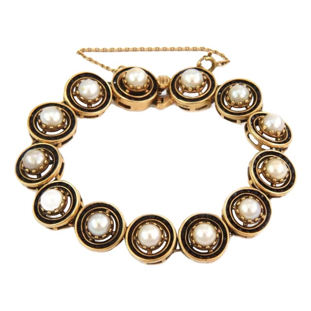 Vintage Garnet Pearls 14k Yellow Gold Round Link Bracelet For Sale