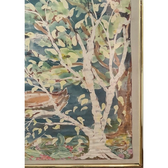 Late 20th Century Large Mid Century Printed Silk Wall Hanging of Mallard Ducks in a Pond, Framed, Signed For Sale - Image 5 of 13