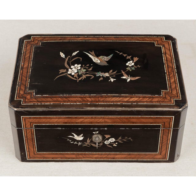 French 19th Century Napoleon III Marquetry Box, Mother of Pearl Inlay For Sale - Image 3 of 16