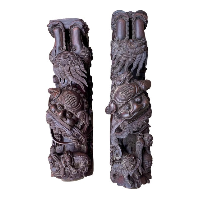 19th-C. Monumental Chinese Carved Food Dog Corbels / Architectural Fragments, S/2 For Sale