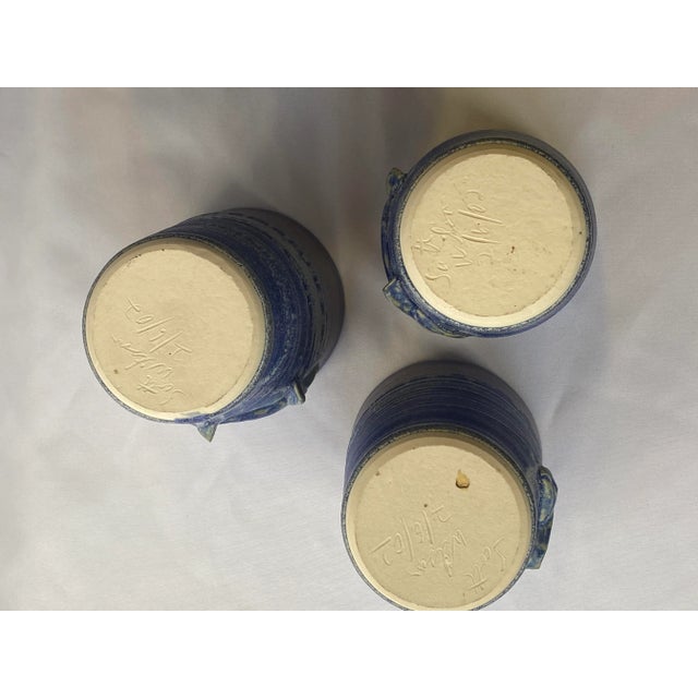 Nautical Vintage 2002 Signed Scott Wilson Studio Art Pottery Hand Thrown and Hand Pinched Water XL Pitcher and Tumblers Set- 4 Pieces For Sale - Image 3 of 10