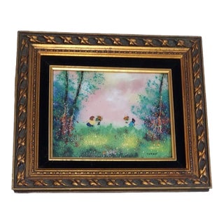 Late 20th Century Cardin Framed Painting of Children Exchanging Flowers Sunset Copper Enameled Golden Hour For Sale