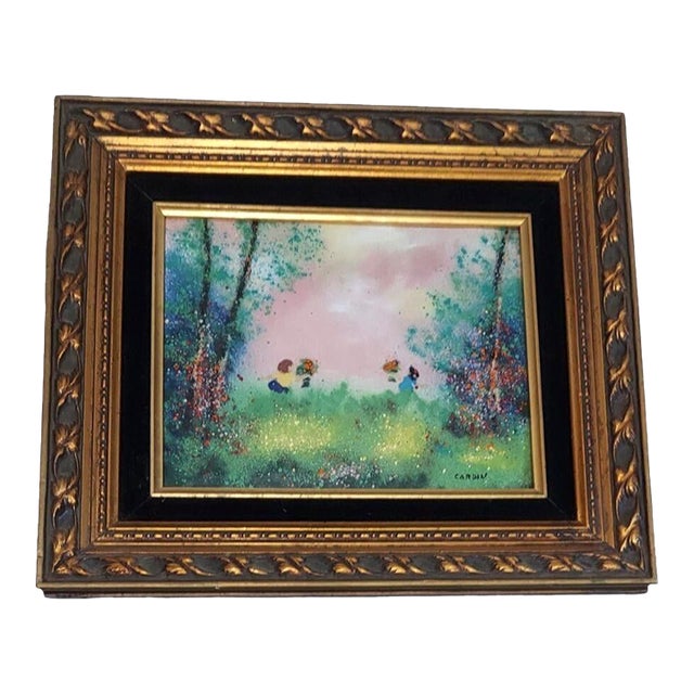 Late 20th Century Cardin Framed Painting of Children Exchanging Flowers Sunset Copper Enameled Golden Hour For Sale