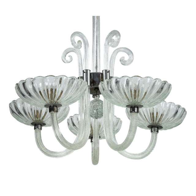 Art Deco Italian Murano Glass Five-Arm Chandelier from Seguso, 1940s For Sale