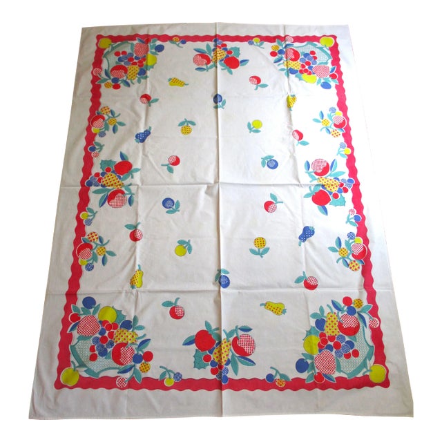 Vintage 1950's Fruit in a Basket Design Red, Blue & Yellow Cotton Tablecloth For Sale