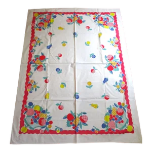 Vintage 1950's Fruit in a Basket Design Red, Blue & Yellow Cotton Tablecloth