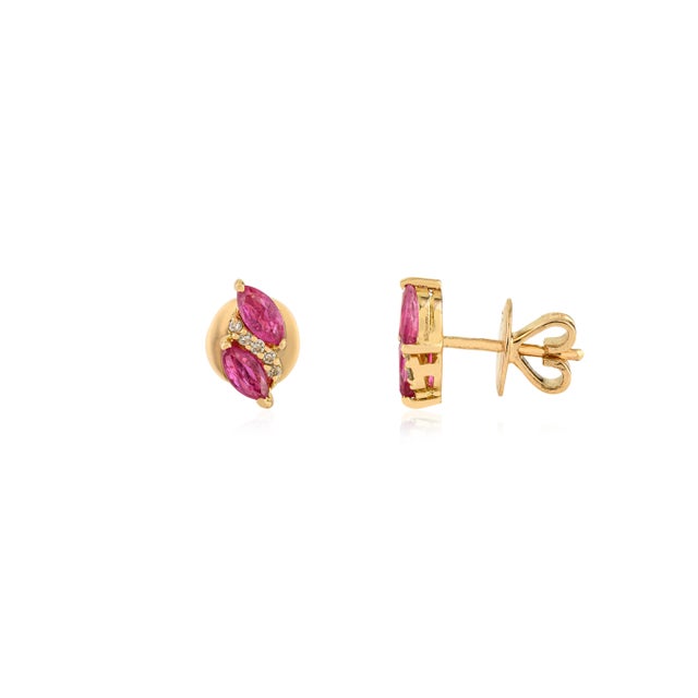 Art Deco 14k Yellow Gold Marquise Cut Natural Ruby & Diamond Cluster Stud Earrings- 2 Pieces For Sale - Image 3 of 12