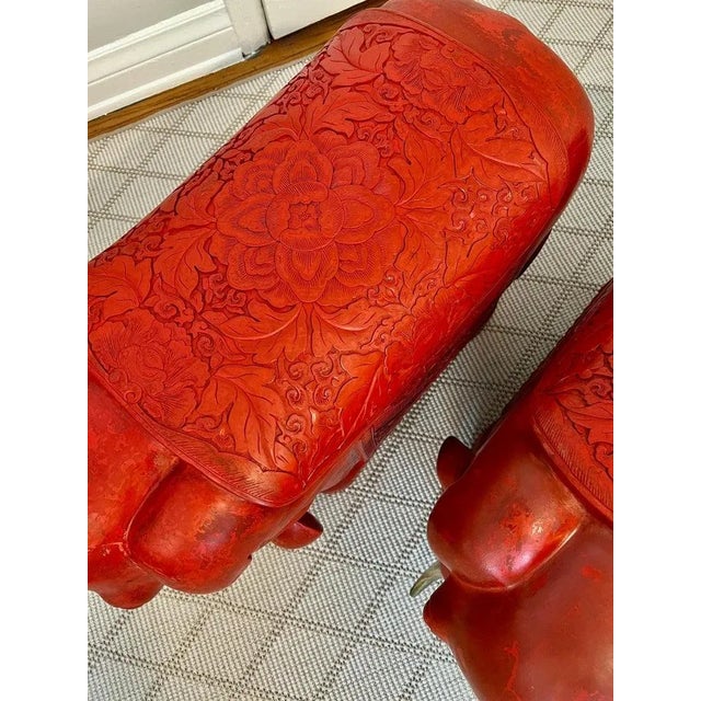 Wood Mid 20th Century Red Cinnabar Hand Carved Asian Elephants with Brass Tusks - A Pair For Sale - Image 7 of 12