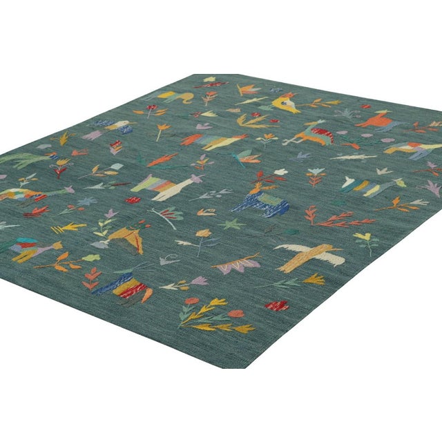 Rug & Kilim Rug & Kilim’s Suzani Style Kilim in Teal With Animal Pictorials and Florals For Sale - Image 4 of 7
