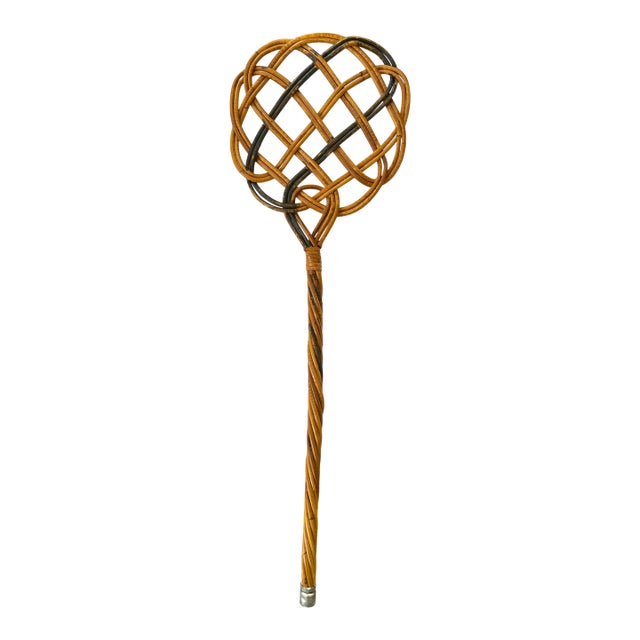 Vintage Handwoven Rattan Rug Beater With Twisted Handle – English Country Cottage Decor For Sale