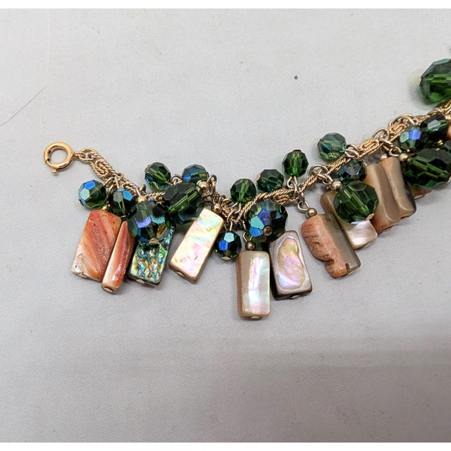 Metal Vintage 1970s Signed Napier Green Bead & Abalone Shell Charm Bracelet For Sale - Image 7 of 11