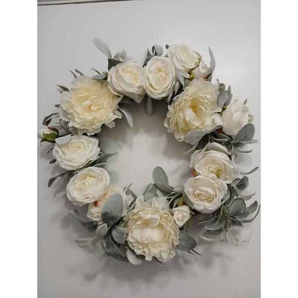 English White Roses & Sage Door Wreath 17" Flower Elegant Summer Spring Gorgeous For Sale - Image 9 of 17