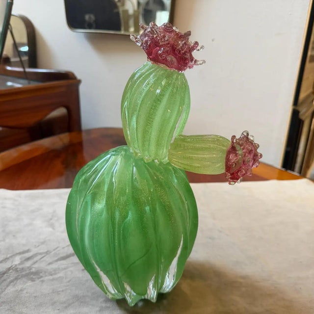 1990s Green Emerald and Amethyst Purple Murano Glass Flowering Cactus For Sale - Image 11 of 13