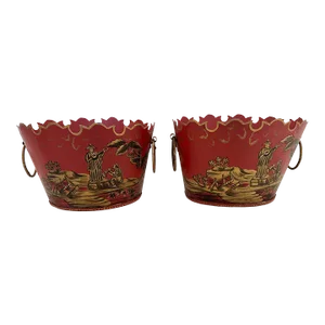 Red & Gold Chinoiserie Style Tole Cachepots -A Pair