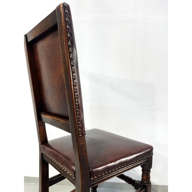 Vintage French Castle Chairs in Brown Leather and Oak, 1960s, Set of 6 For Sale - Image 9 of 18