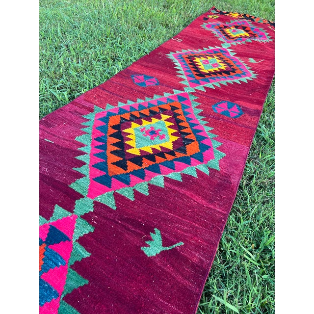 Boho Chic 1950s Ruby Red Color Diamond Pattern Flatweave Kilim Rug For Sale - Image 3 of 8